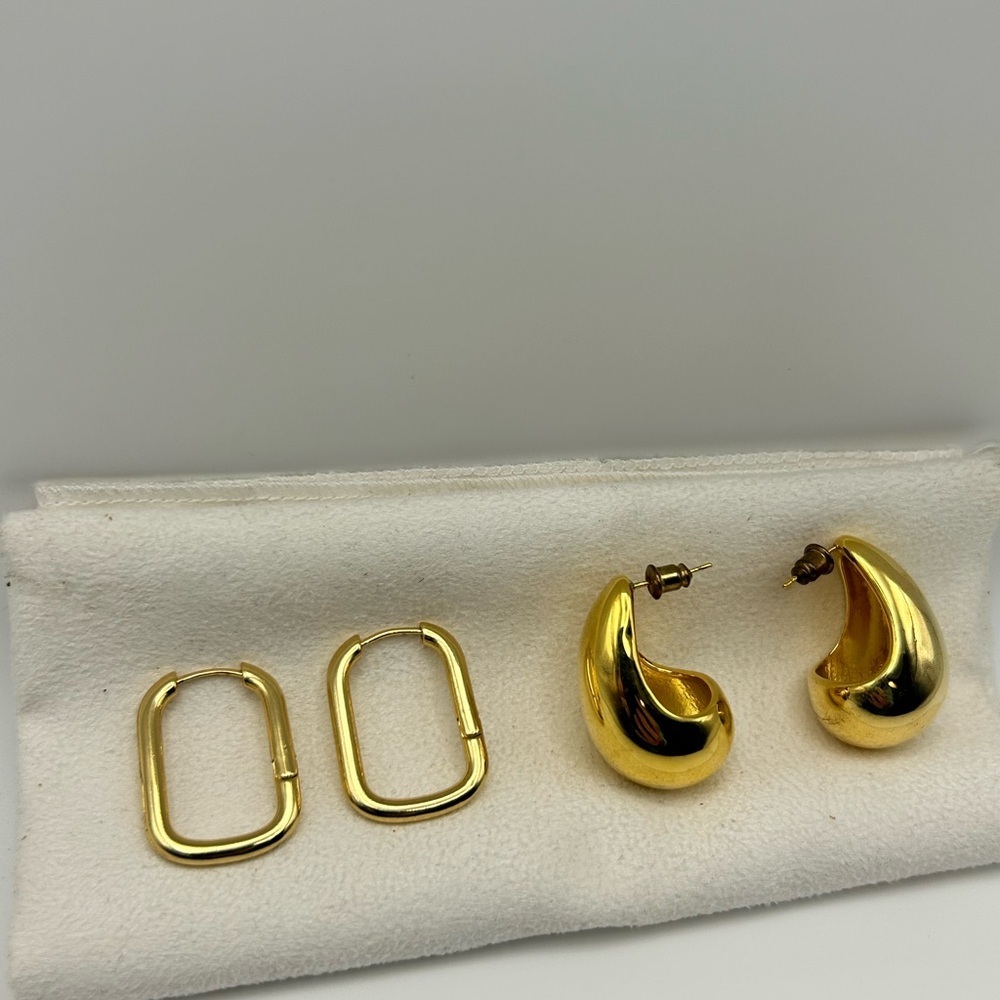 Gold-tone Earrings 2 Pair Rectangle Hinge & Chunky Ladle Style